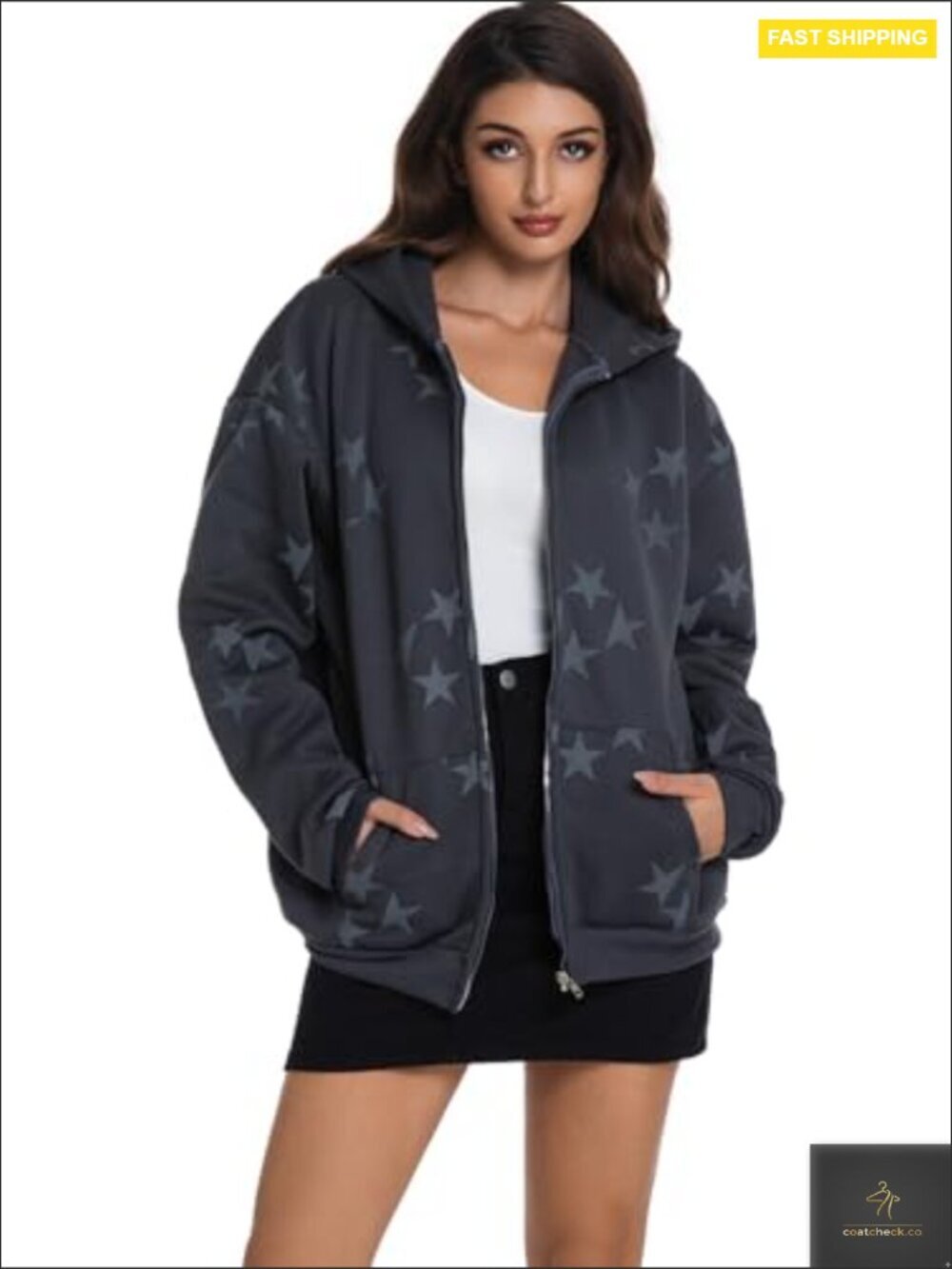 Oversized Zip Up Hoodie Y2k Star Graphic Grunge Streetwear Sweatshirt Jacket - Picture 2 of 7